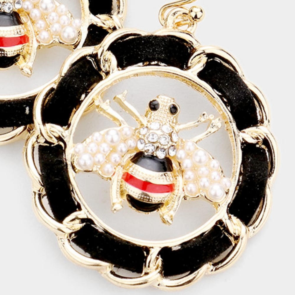 Black & Gold Bee Pearl Rhinestone Crystal Suede Chain Link Hoop Dangle Earrings - Picture 2 of 2